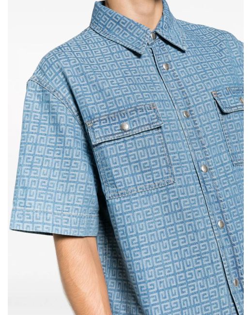 Givenchy Blue 4G-Jacquard Short-Sleeve Denim Shirt for men