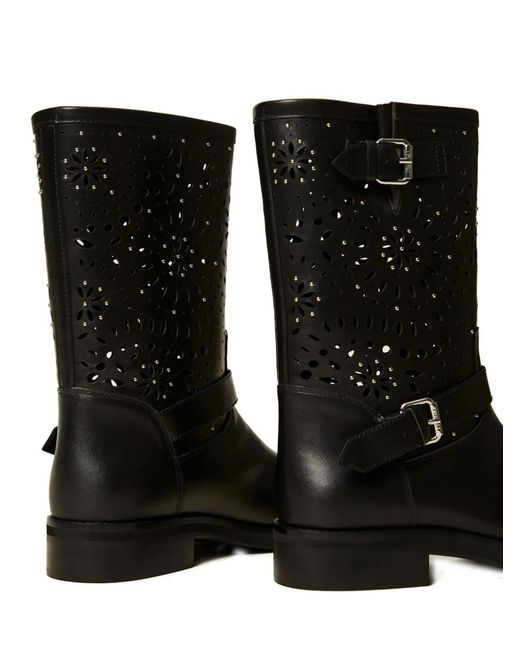 Twinset Black Openwork Leather Biker Boots