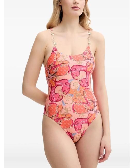 Guess Red Chain-Embellished Print Swimsuit