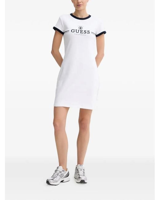 Guess White Robe Courte À Logo Brodé