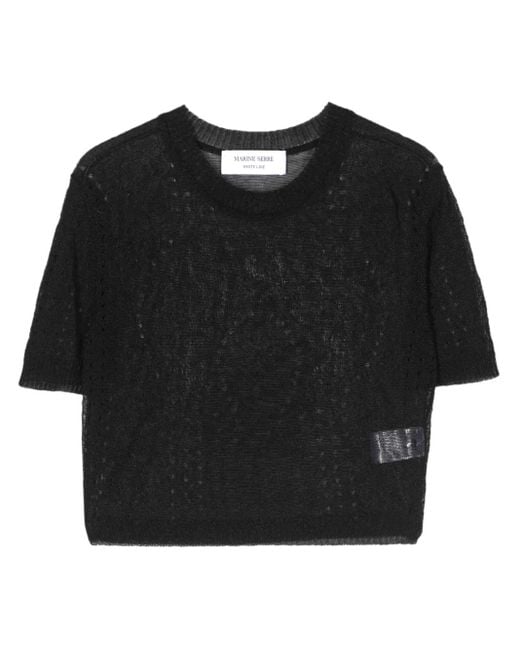 MARINE SERRE Black Pointelle-Knit Cropped Blouse