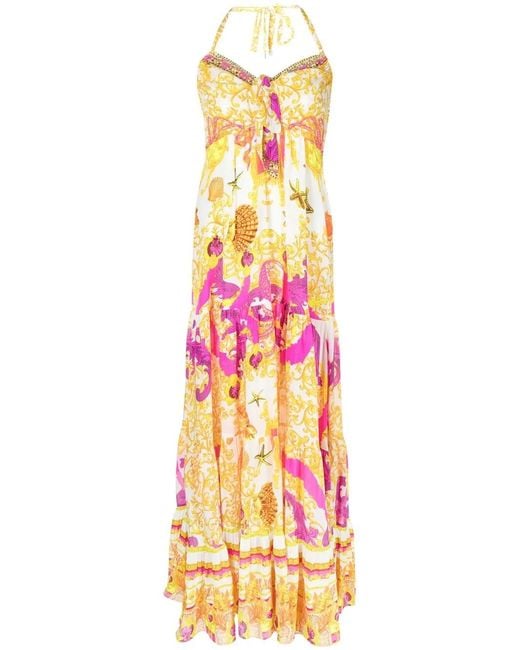 Camilla White Graphic-Print Halterneck Midi Dress