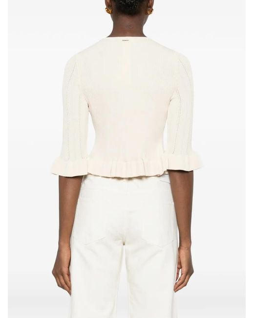 Twinset Natural Ruffled-Detail Ribbed-Knit Cardigan