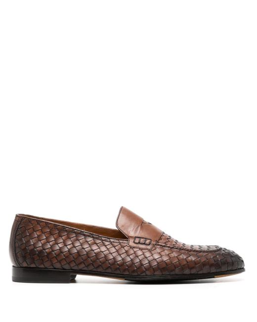 Doucal's Brown Woven Leather Penny Loafers for men