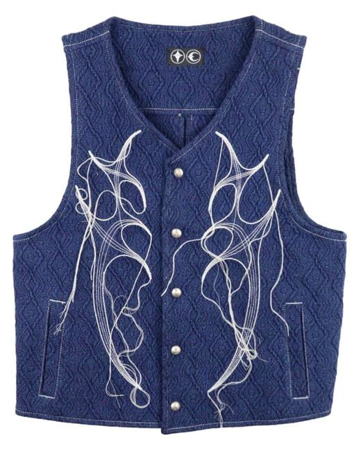 THUG CLUB Blue Embroidered Denim Vest for men