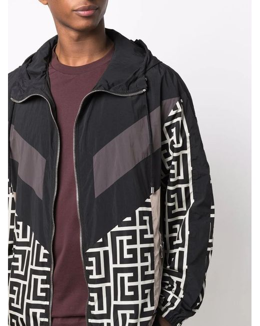 Balmain Black Monogram Hooded Windbreaker for men