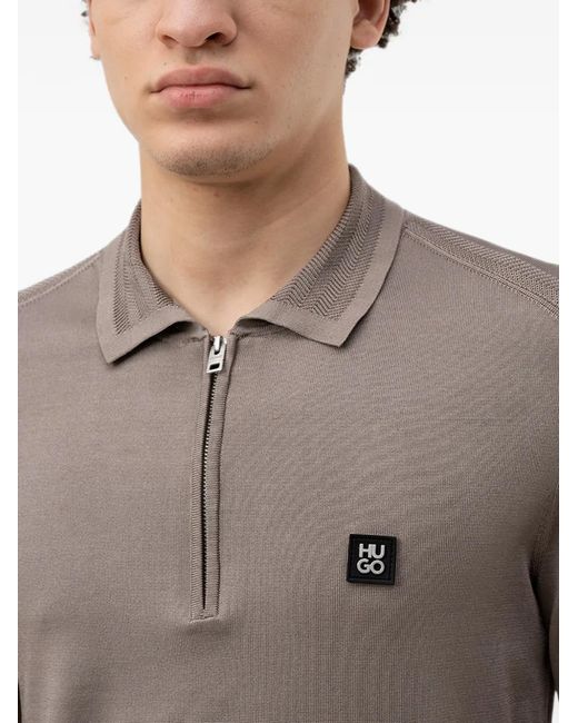 HUGO Gray Quarter-Zip Logo-Patch Polo for men