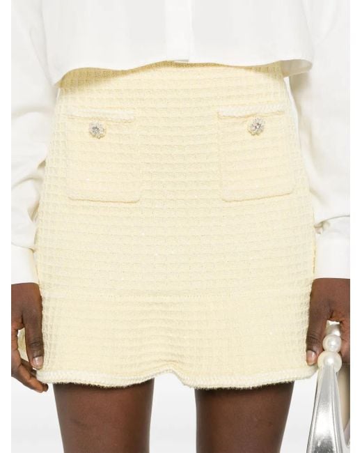 Self-Portrait Natural 'Knitted Mini Skirt With Jewel Buttons