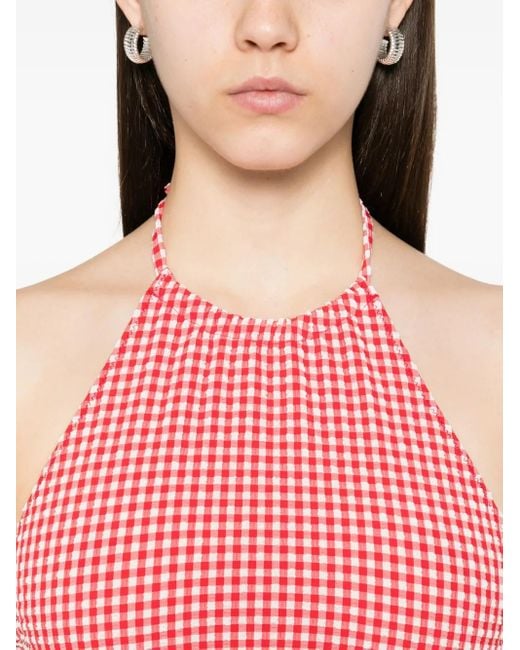 Hunza G Pink Check-Pattern Halterneck Top