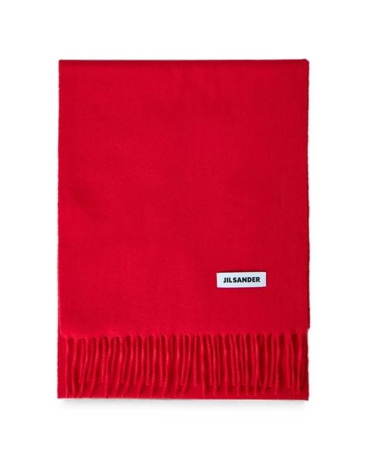 Jil Sander Red Fringed Logo-Patch Scarf