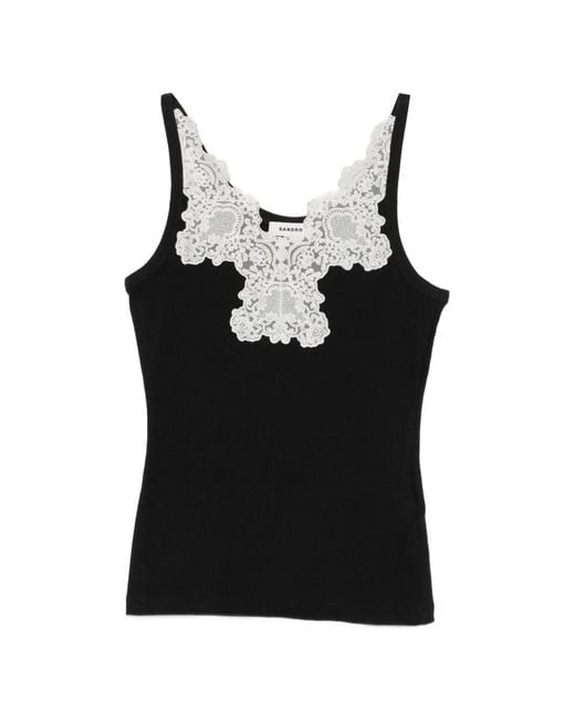 Sandro Black Ribbed Vest Top With Lace