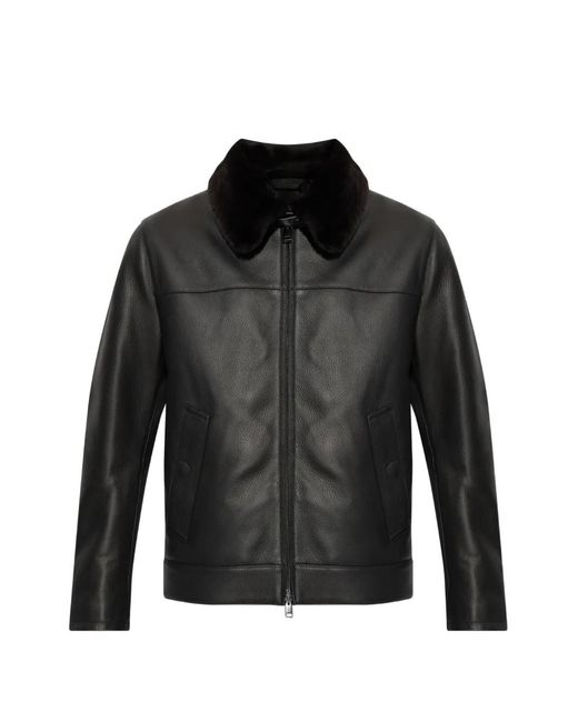 Brioni Black Faux-Fur Collar Leather Jacket for men