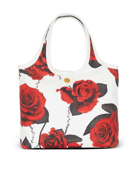 Balmain Red Mini B-army Grocery Rose-print Tote Bag