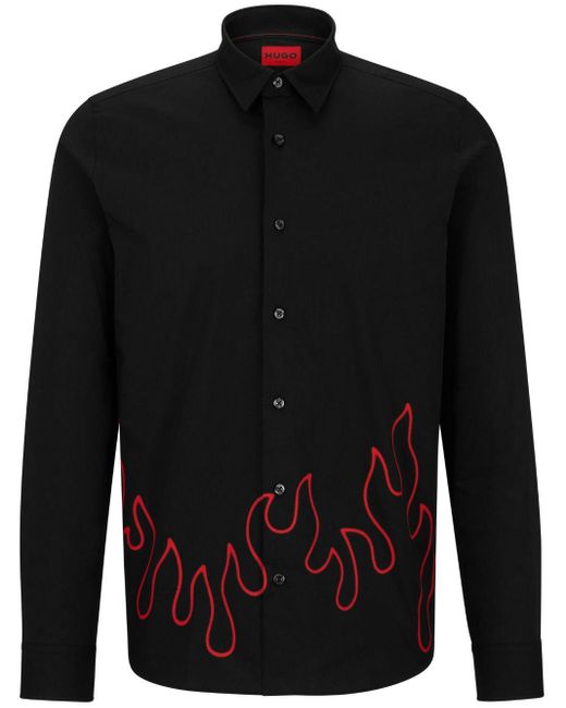 HUGO Black Flame-embroidery Stretch-cotton Shirt for men