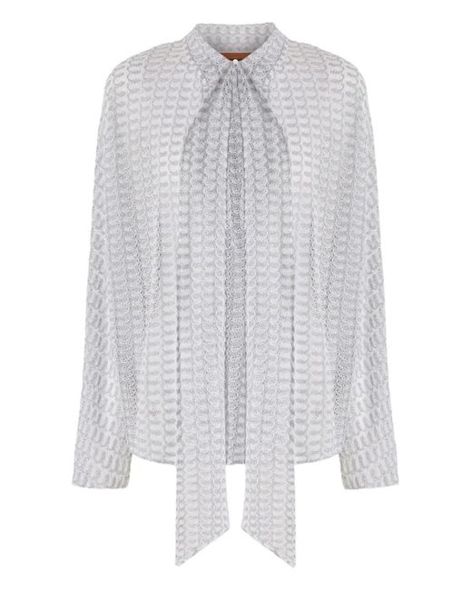 Missoni White Sash-Collar Lamé Blouse