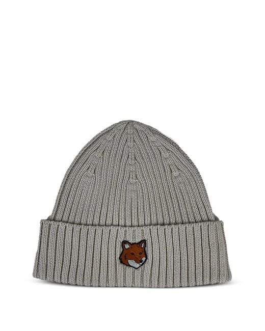 Maison Kitsuné Gray Fox Head Ribbed-Knit Beanie Hat