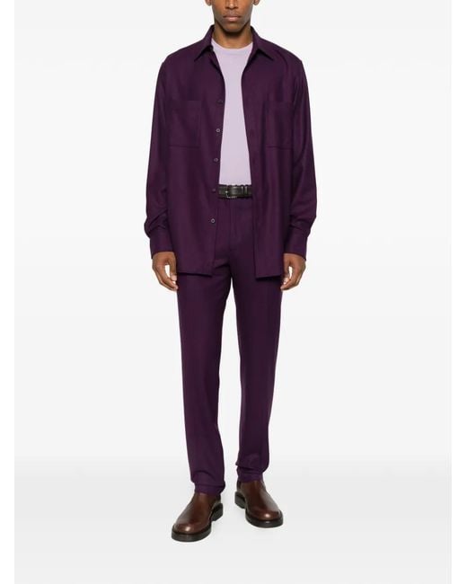 Cellar Door Purple Chest-Pocket Button Wool Shirt for men