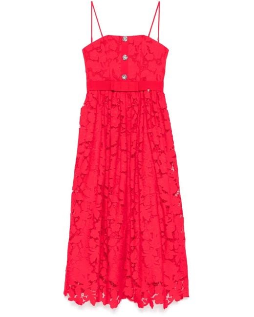 Nissa Red Floral-Lace Midi Dress