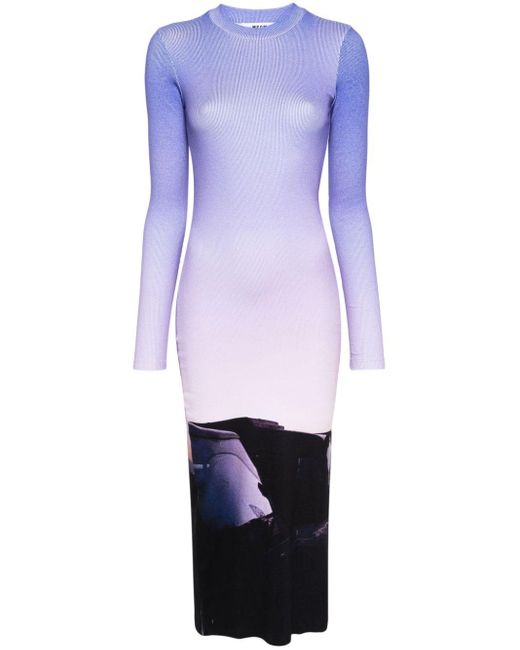 MSGM Blue Photograph-print Ribbed Dress