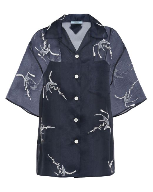Camisa con bordado floral Prada de color Blue