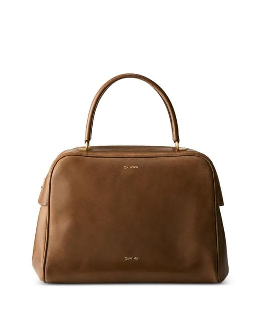Calvin Klein Brown Logo-Print Leather Shoulder Bag