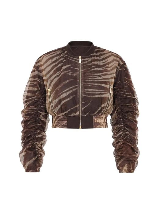 Just Cavalli Brown Zebra-Print Ruched-Sleeve Zip-Up Jacket