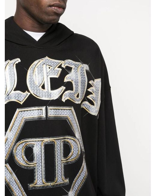 Philipp Plein Black Logo-Print Cotton Hoodie for men