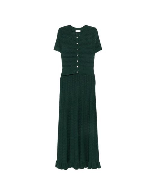 Sandro Green Pointelle-Knit Ruffled Midi Dress