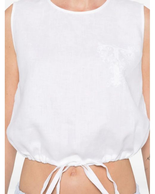 Twinset White Linen Top With Embroidered Logo