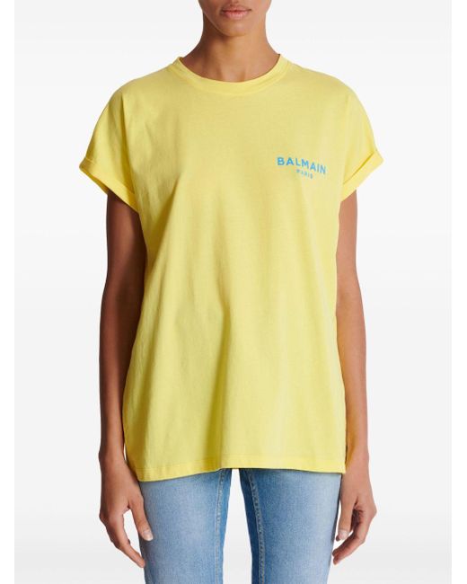 T-shirt en coton à logo floqué Balmain en coloris Yellow