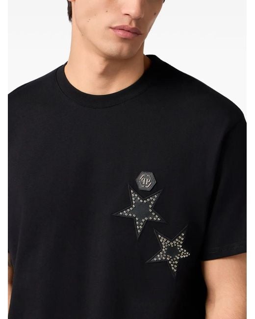 Philipp Plein Black Stars-Studs Crew-Neck T-Shirt for men