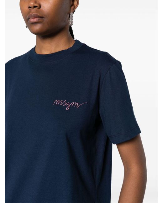 MSGM Blue Logo-embroidered Cotton T-shirt
