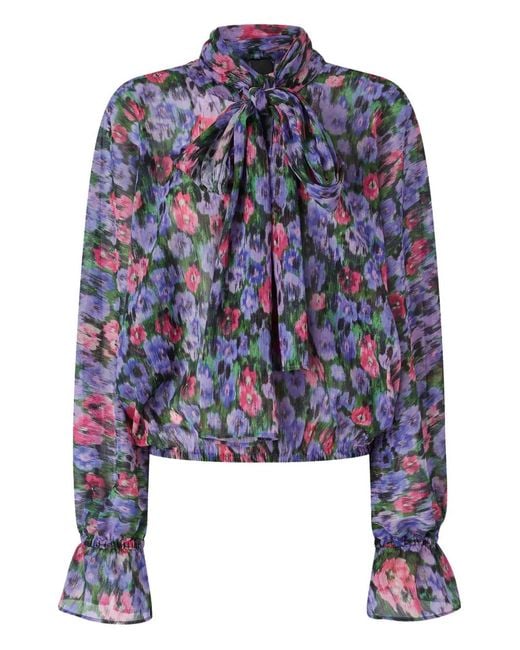 Pinko Blue Floral-Print Tie-Neck Blouse