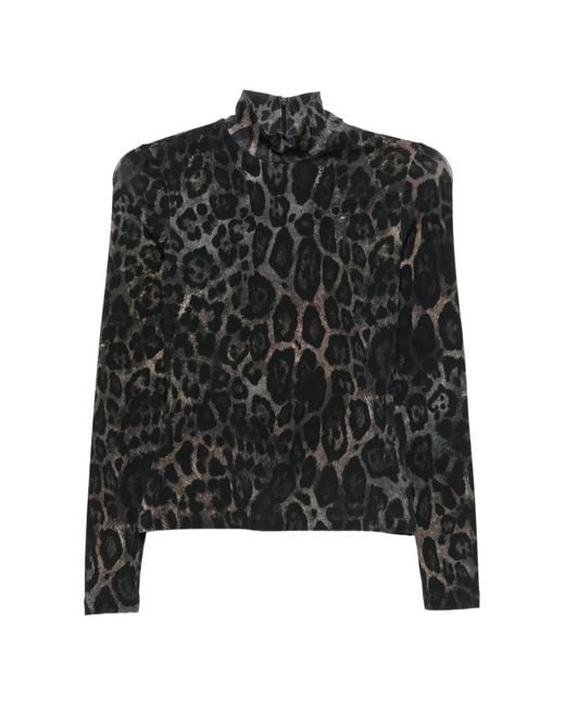 Just Cavalli Black Leopard-Print High-Neck T-Shirt