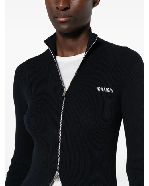 Miu Miu Black Logo-Embroidered Zip-Up Cardigan