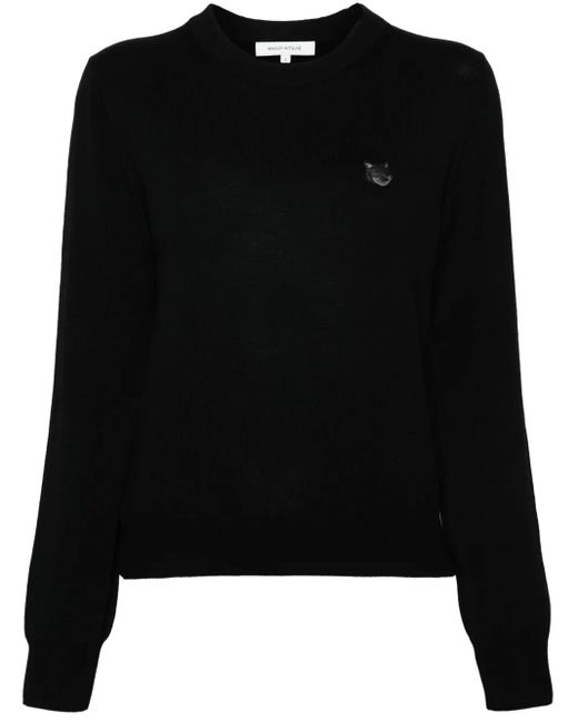 Maison Kitsuné Black Fitted Long-Sleeve Wool Sweater With Embroidered Emblem