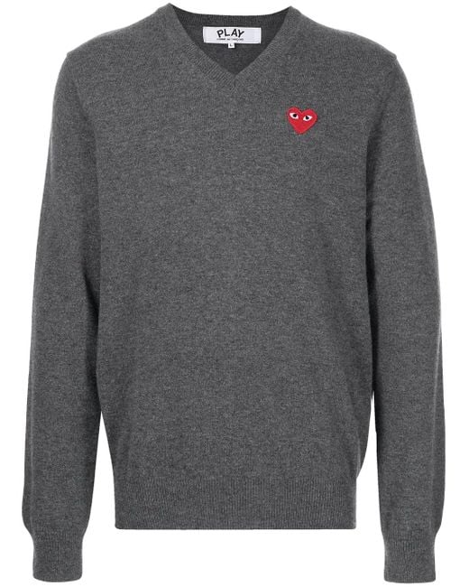 COMME DES GARÇONS PLAY Gray V-Neck Knitted Heart Jumper for men