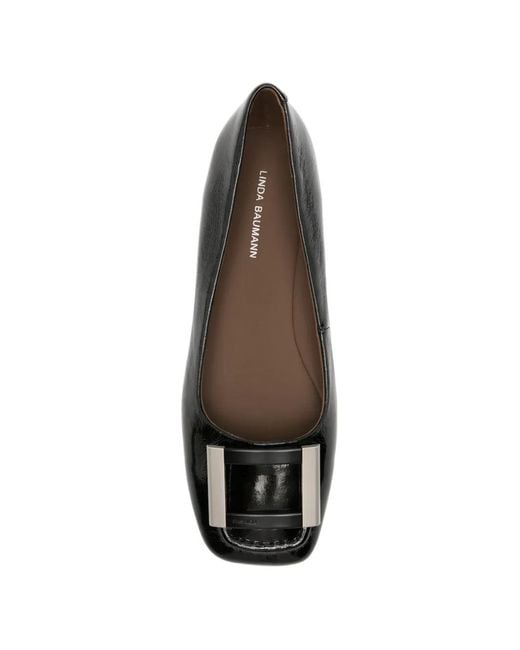 Linda Baumann Black Buckle-Detail Square-Toe Ballet Flats