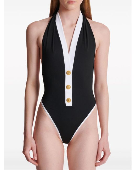Balmain Black Button-embellished Swimsuit
