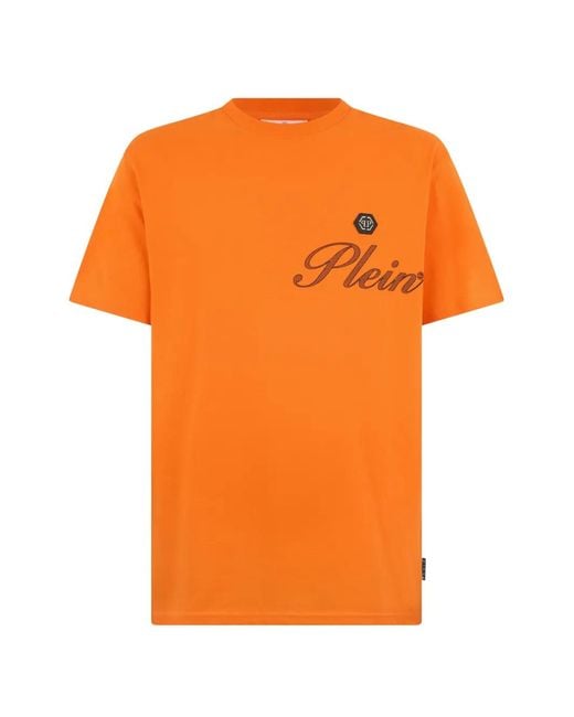 Philipp Plein Orange Round Neck T-Shirt Signature for men
