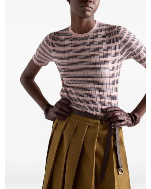 Prada Pink Short-Sleeved Striped Cashmere And Silk Sweater
