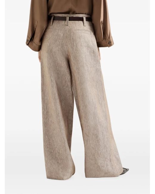 Brunello Cucinelli Natural Linen Denim Pleated A-Line Trousers With Monili