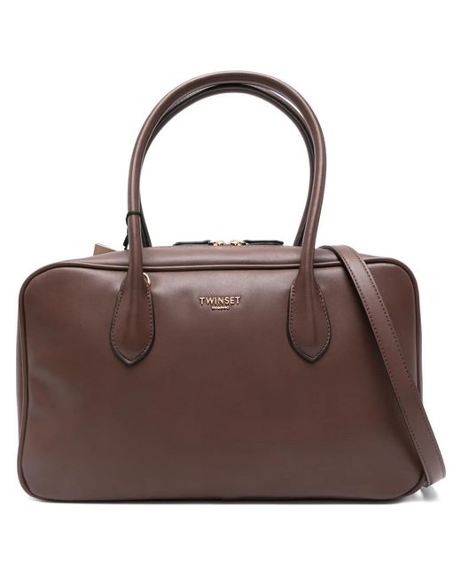 Twinset Brown Logo-Lettering Tote Bag