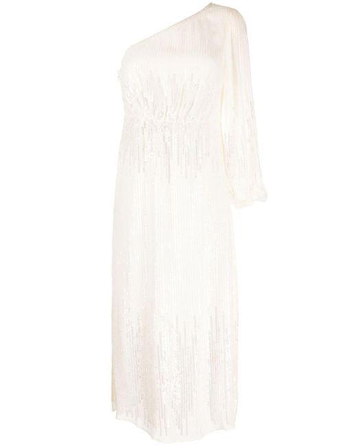 Rixo White Bradshaw One-shoulder Sequined Dress