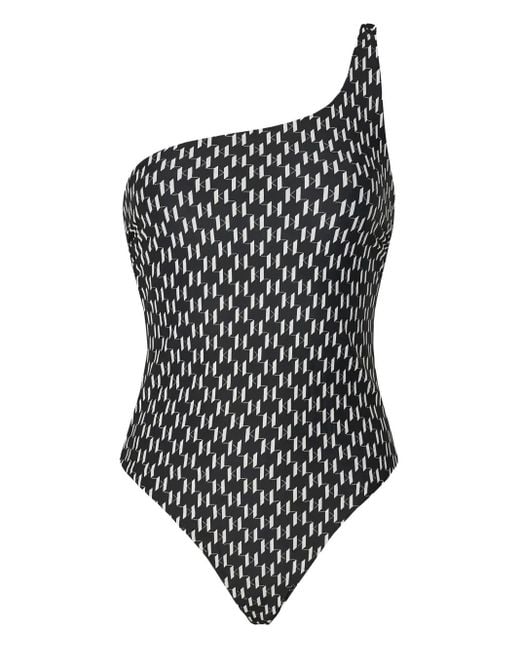 Karl Lagerfeld Black Monogram-Print One-Shoulder Swimsuit