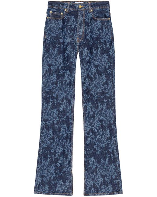 Ganni Blue Floral-print Flared Jeans