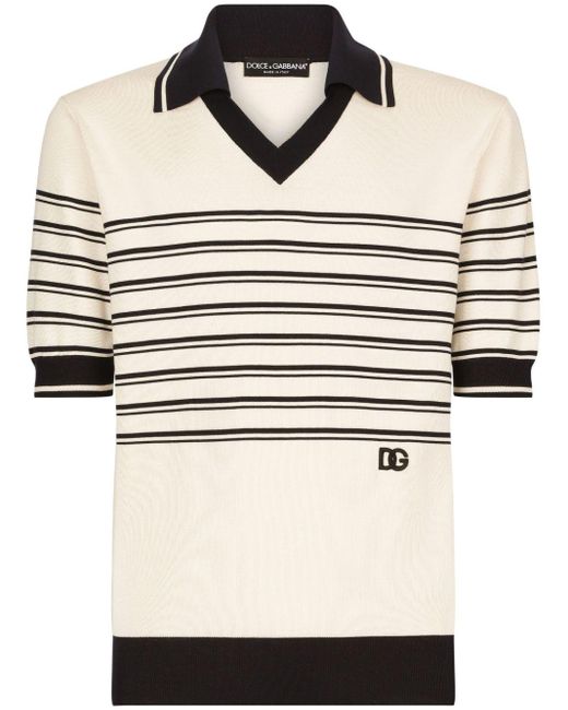 Dolce & Gabbana Natural Striped Logo-embroidered Polo Shirt for men