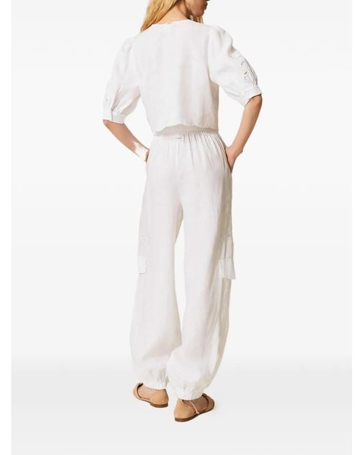 Twinset White Linen And Broderie Anglaise Jogger Trousers