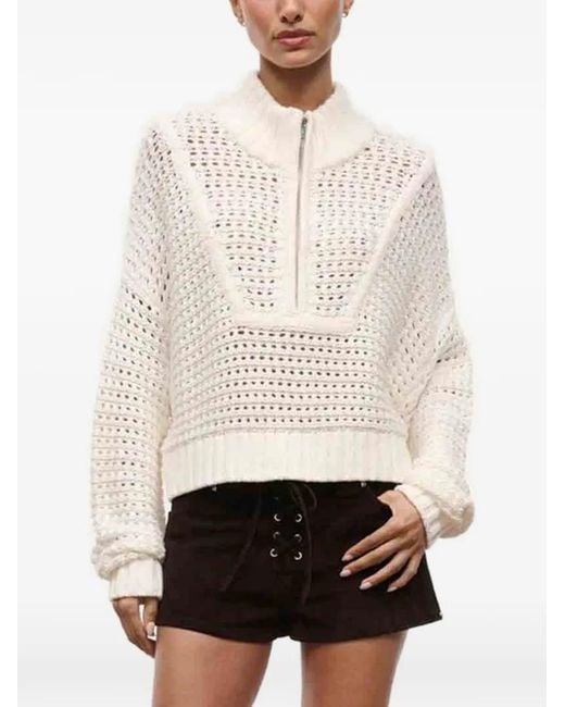 Staud White Open-Knit Quarter-Zip Sweater