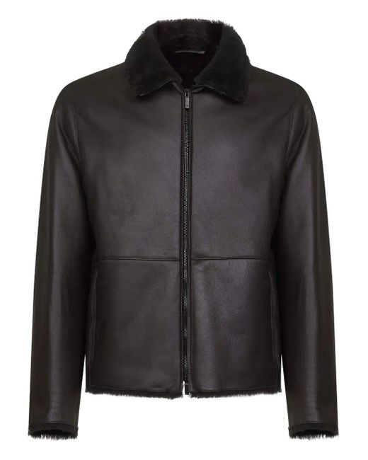 Giorgio Armani Black Fur-Collar Leather Jacket for men